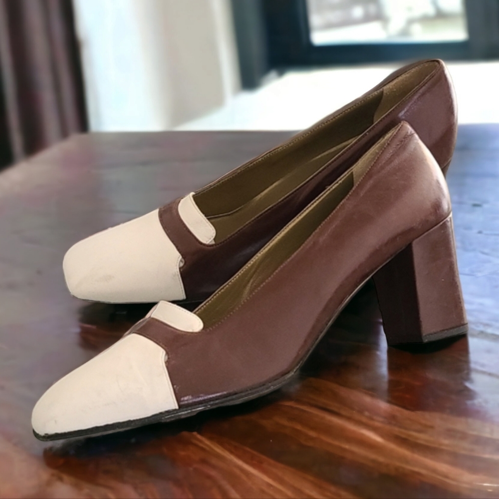 VTG YSL Retro Mod Square Toe Leather Pumps 8 N Heels Brown Yves Saint Laurent - Picture 15 of 16